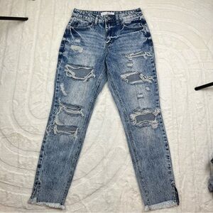 KanCan Acid Wash High Rise Destroyed Boyfriend Fray Hem Ankle Skinny Jeans